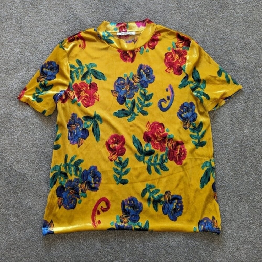 Zara trafaluc mustard yellow floral pattern velvet half turtleneck blouse
